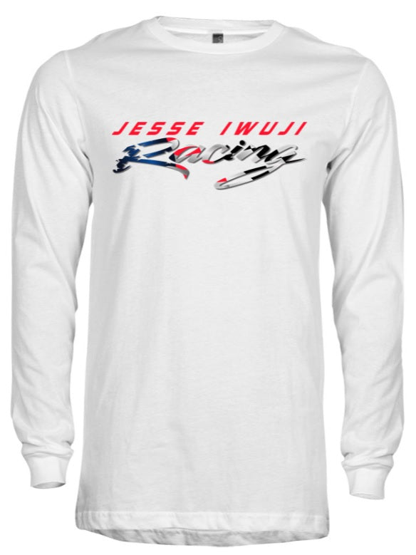 Jesse Iwuji Racing white long sleeve tagless hanes with color logo