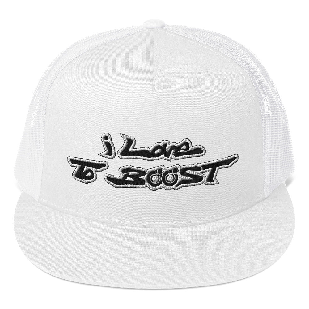 i Love To BOOST (Stacked) White Trucker Cap